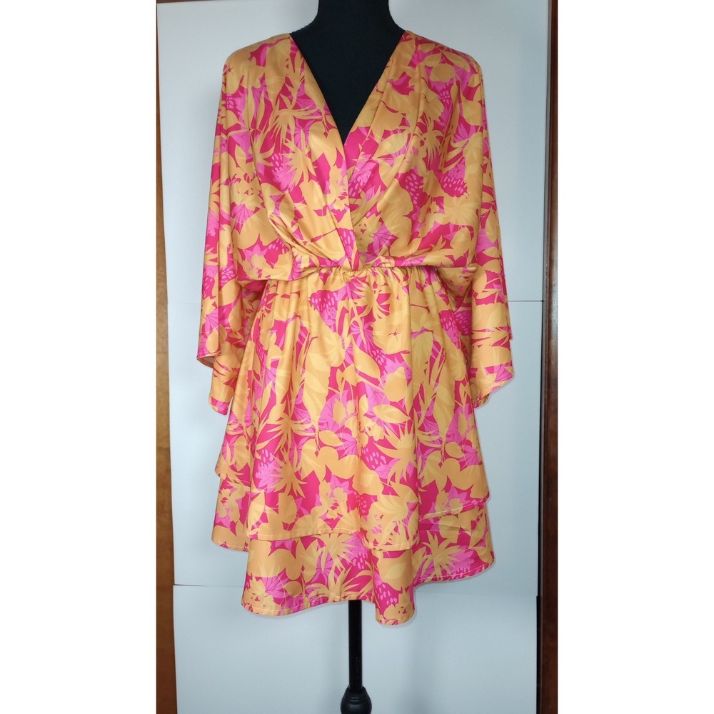 Pink Orange Floral Kimono V-Neck Flared Sleeve Mini Dress Boho Party Medium